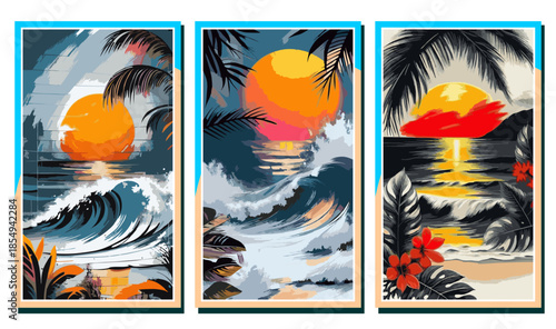 Tropical beach sunset banners with palm trees, ocean waves, and vibrant sun. Retro vertical landscape illustration for summer vacation posters and mobile wallpapers