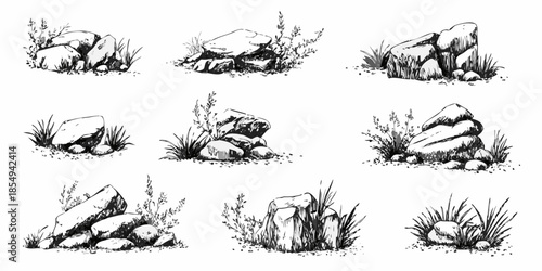Sketch of various rock formations with grassy patches isolated on white background