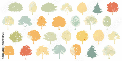 Collection of colorful stylized trees in various shapes and shades