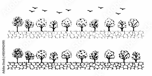 A simple black and white drawing of trees and flying birds overhead
