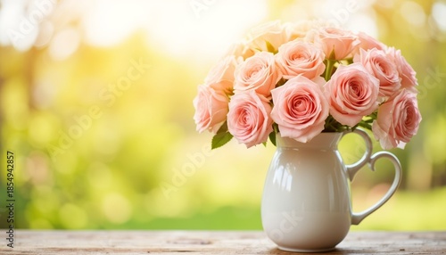 Bouquet of delicate pink roses with soft and romantic mood arranged in white ceramic pitcher against sunny garden background with copy space
