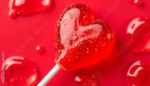 Heart-shaped red lollipop with sweet and romantic mood against vibrant red background with copy space