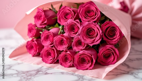 Bouquet of vibrant pink roses with romantic mood arranged elegantly against marble countertop with copy space