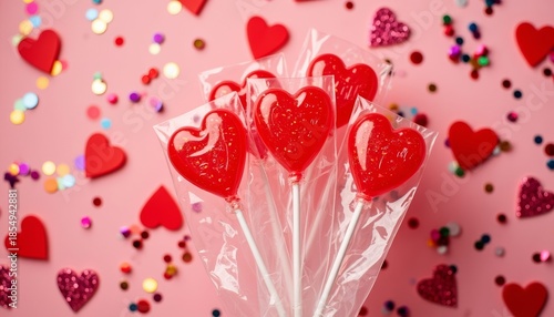 Heart-shaped red lollipops with festive and romantic mood wrapped in clear plastic against pink background with confetti and copy space