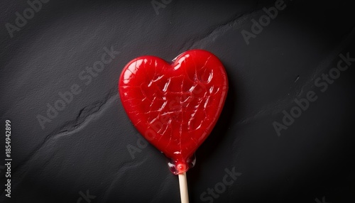 Heart-shaped red lollipop with sweet and romantic mood against vibrant red background with copy space