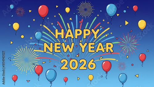 New Year's Eve Celebration: Festive imagery of balloons, fireworks, and vibrant text in anticipation of the upcoming year, a visual ode to fresh starts and joyful gatherings.