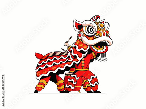 Vector flat design illustration of a colorful lion dance performer in traditional costume with intricate patterns and bold red, orange, and white hues on a clean white background.