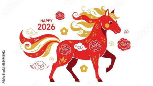 Festive Horse Illustration for Year of the Horse 2026: A vibrant and celebratory illustration of a horse, symbolizing the year 2026. The artwork is rich with auspicious symbols.