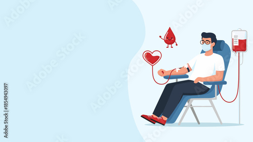 Man donating blood in a medical chair with a heart and drop symbol nearby