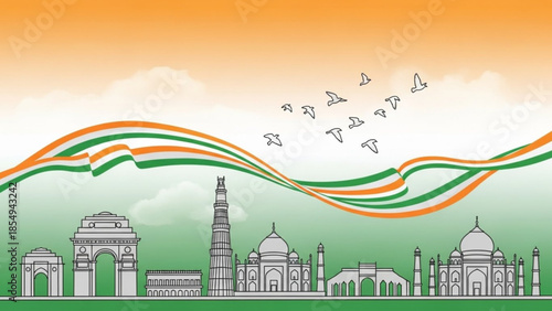 Indian Monuments and National Flag: Iconic Indian landmarks stand in a serene landscape beneath the graceful flow of the Indian flag, depicting the vibrant spirit and heritage of India.