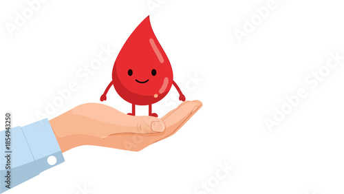 A hand holding a red drop character with a smiley face, symbolizing blood donation