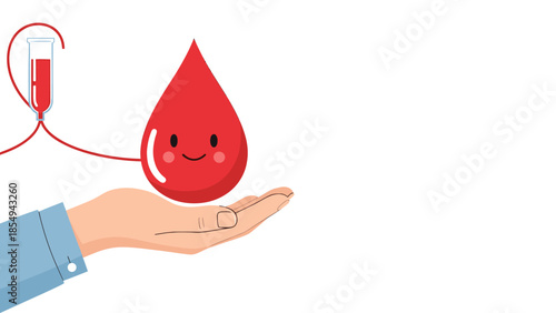 A smiling drop of blood being donated from a person's hand