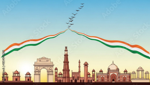 India's Skyline and Celebration: An artistic portrayal of India's iconic landmarks, interwoven with the national flag's colors and birds, symbolizing patriotism and unity.