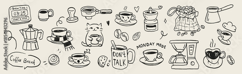 Hand drawn coffee doodle icon set with cups, espresso makers, grinders, beans and funny phrases. Playful black line art for stickers, packaging, cafes, social media and branding.