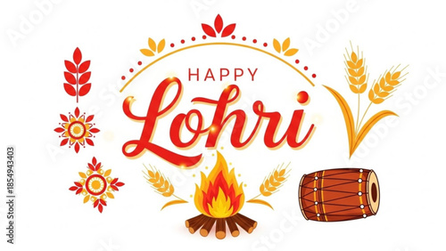 Festive Lohri Greetings: Celebrating the vibrant festival of Lohri with a stylized illustration featuring traditional elements like a bonfire, drum and wheat.