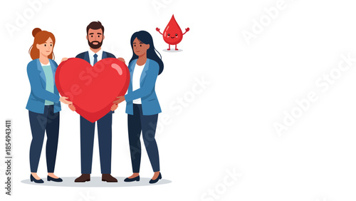 Three medical professionals holding a large heart symbol with a blood drop icon nearby