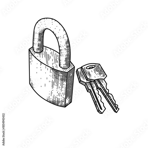 hand drawn padlock with keys line art vector illustration