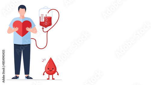 A man donates blood with a red heart and a smiling drop of blood beside him