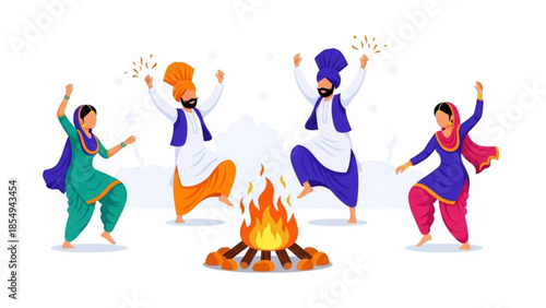 Cultural Celebration Around Bonfire: A vibrant scene unfolds as individuals in traditional attire celebrate around a roaring bonfire. Evoking the spirit of togetherness and festive cheer.