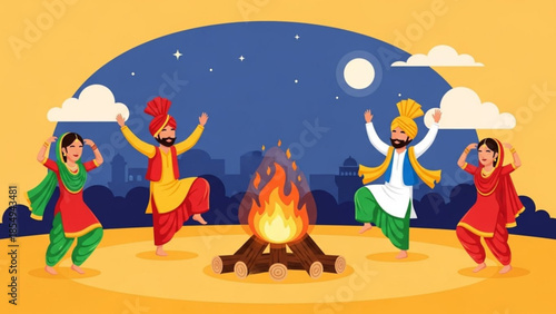 Festive Punjabi Dance: A vibrant group of people celebrate around a bonfire under the night sky, their dynamic dance movements and colorful attire painting a picture of joyful celebration.