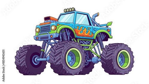 Monster Truck with Flames on White Background.
