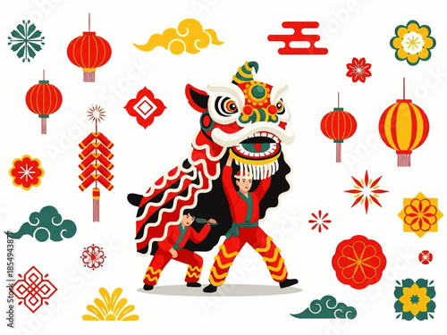 Vector flat design illustration of a lion dance performance surrounded by colorful Chinese New Year decorations and symbols on a white background.