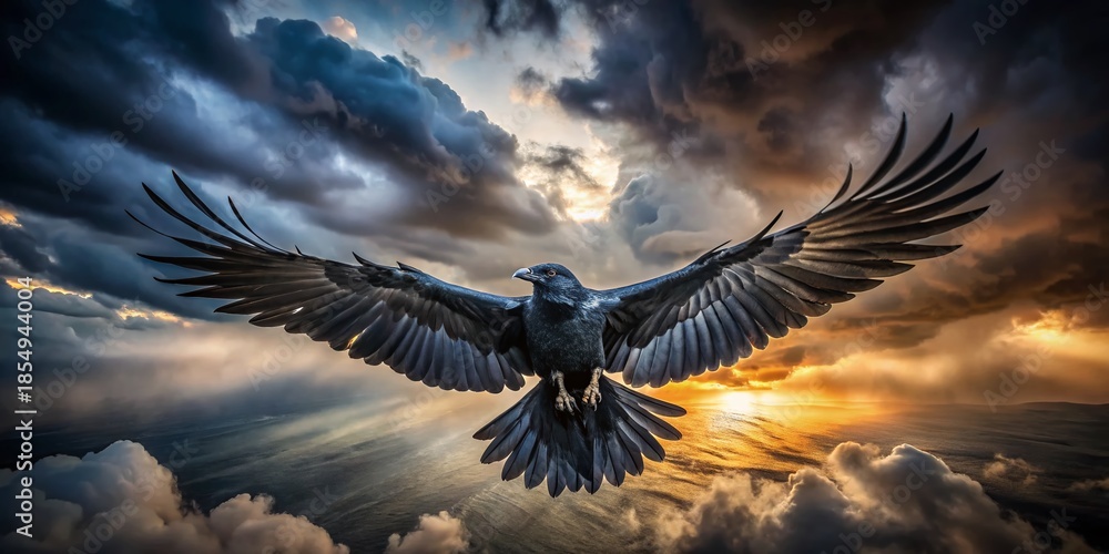 Fototapeta premium Majestic Black Crow in Flight, Wings Spread Wide - Dark Bird Soaring