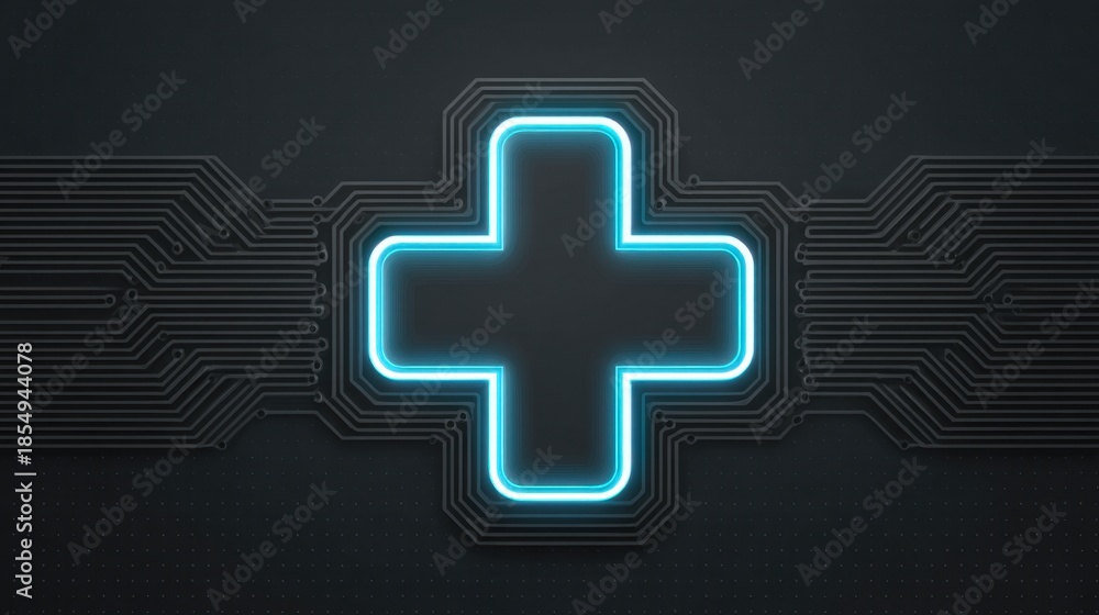 Fototapeta premium Neon Cross Symbol with Circuit Board Design on Dark Background for Health Technology and Medical Concepts Related to Digital Healthcare Innovations