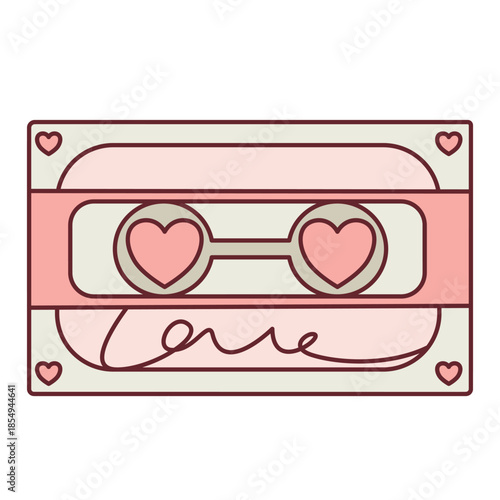 Retro cassette tape decorated with heart shaped reels and love writing