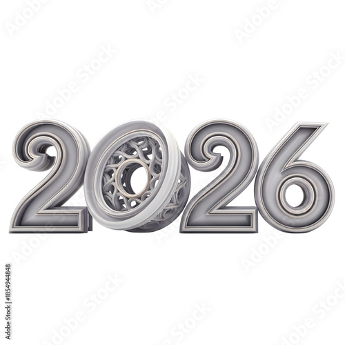 New Year 2026 text with wheel symbol on white background, representing time, future and automotive industry