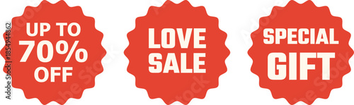Vector Discount Labels Up to 70% Off, Love Sale, Special Gift