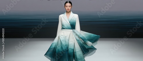 A model showcases a flowing dress with a stunning gradient design, embodying elegance and sophistication, This image is perfect for fashion magazines, websites, or promotional materials,