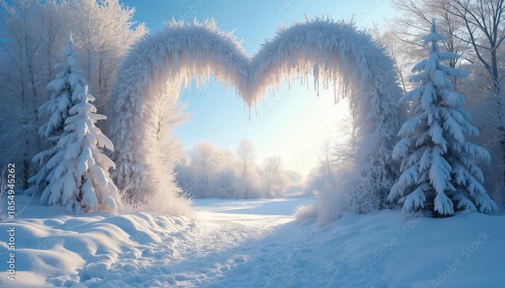 Fototapeta premium Snow covered forest forms heart shape archway. Winter landscape glows with soft sunlight. Peaceful path leads through frosty trees under blue sky. Serene beauty awaits.