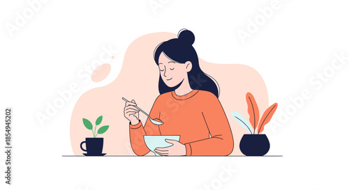 Young woman with dark hair sits at a table and peacefully eats a meal from a bowl in a cozy room filled with indoor potted plants.