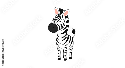 Adorable cartoon zebra with black and white stripes and a friendly expression stands calmly against a clean white background for kids.