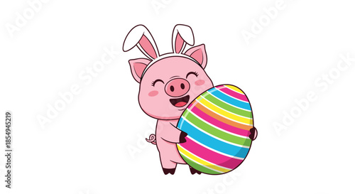 Joyful little pig wearing white bunny ears happily hugs a large colorful Easter egg decorated with bright horizontal stripes.