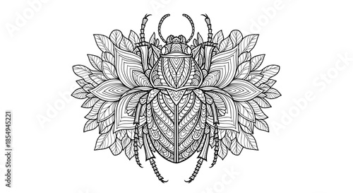 Detailed line art illustration of a large beetle surrounded by decorative leaves is designed for enthusiasts of adult coloring pages.