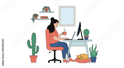 Focused woman works from her home office using a laptop and desktop monitor while enjoying a hot drink with her cat nearby.