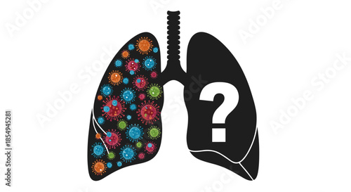Human lungs are depicted with one side infected by colorful viruses and the other side featuring a large white question mark.