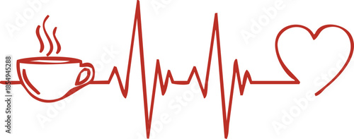 Heartbeat line with coffee cup and heart symbol on transparent background