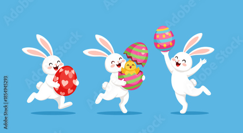 Group of three happy white bunnies celebrate Easter by running with a large red egg, hatching a chick, and jumping with joy.