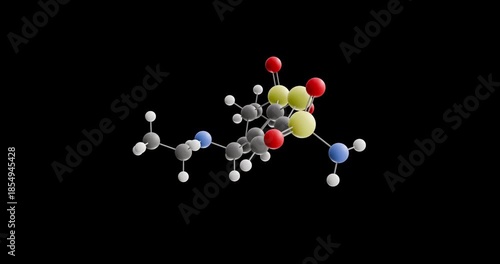 Dorzolamide molecule, rotating 3D model of pharmacological agent, looped video on a black background

