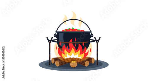 Traditional black cooking cauldron filled with red stew boils over a bright campfire with wooden logs in a rustic outdoor setting.