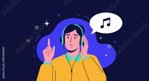 Young man wearing headphones listening to music and enjoying favorite tunes on colorful abstract purple and dark background.