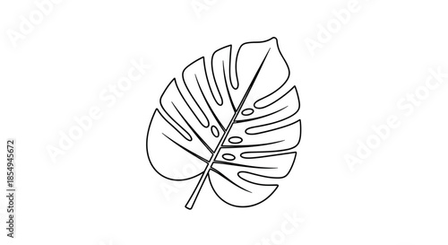 Single black and white outline illustration of a monstera leaf with distinct holes and veins on a plain white background.