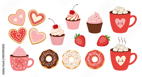 Large set of colorful sweet treats including heart shaped cookies cupcakes donuts strawberries and hot cocoa mugs with marshmallows.