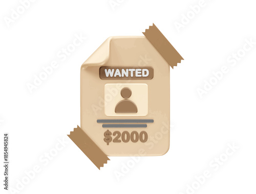 Wanted Poster Icon with Reward for Missing Person illustration 3d render