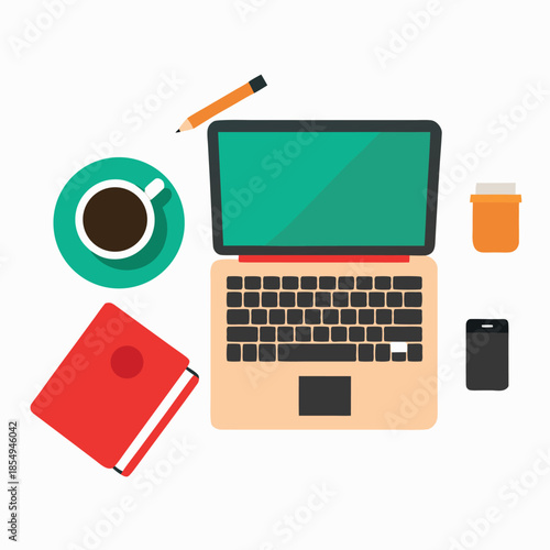 laptop and coffee cup with book on white backgroubd