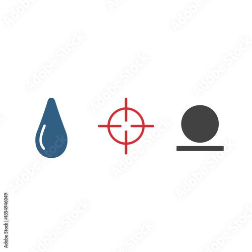 Set of vector icons: water drop, target, and solid circle, minimalistic design for user interfaces, copy space