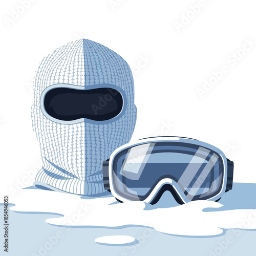 Winter sports gear including knitted mask and goggles, vector illustration for outdoor activities, copy space